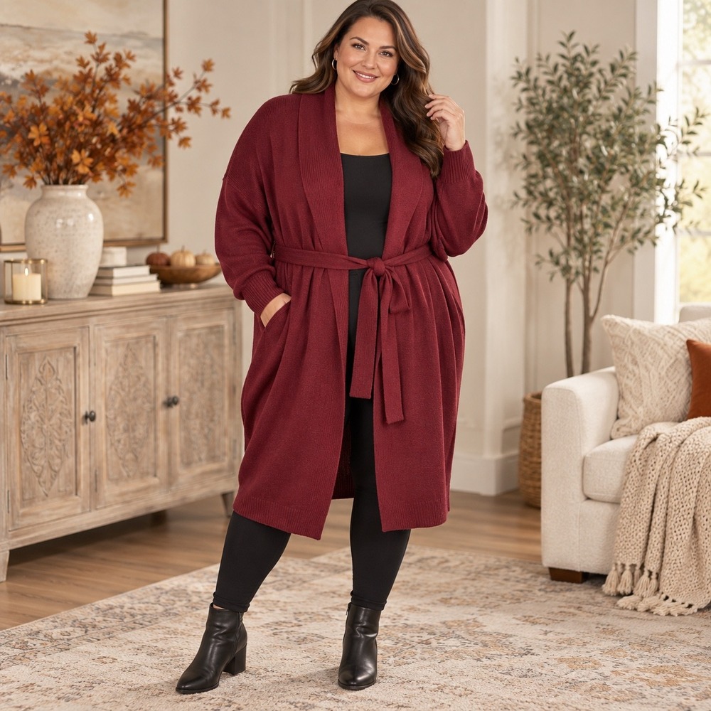 Lane Bryant Burgundy Long Belted Cardigan Ribbed Shawl Sweater 26/28 NEW